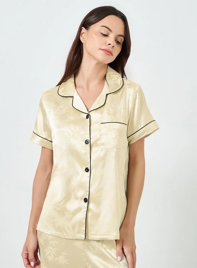 Take Two  Beige Jacquard Short Sleeve Shirt and Pyjama Set for Women | Best Price UAE
