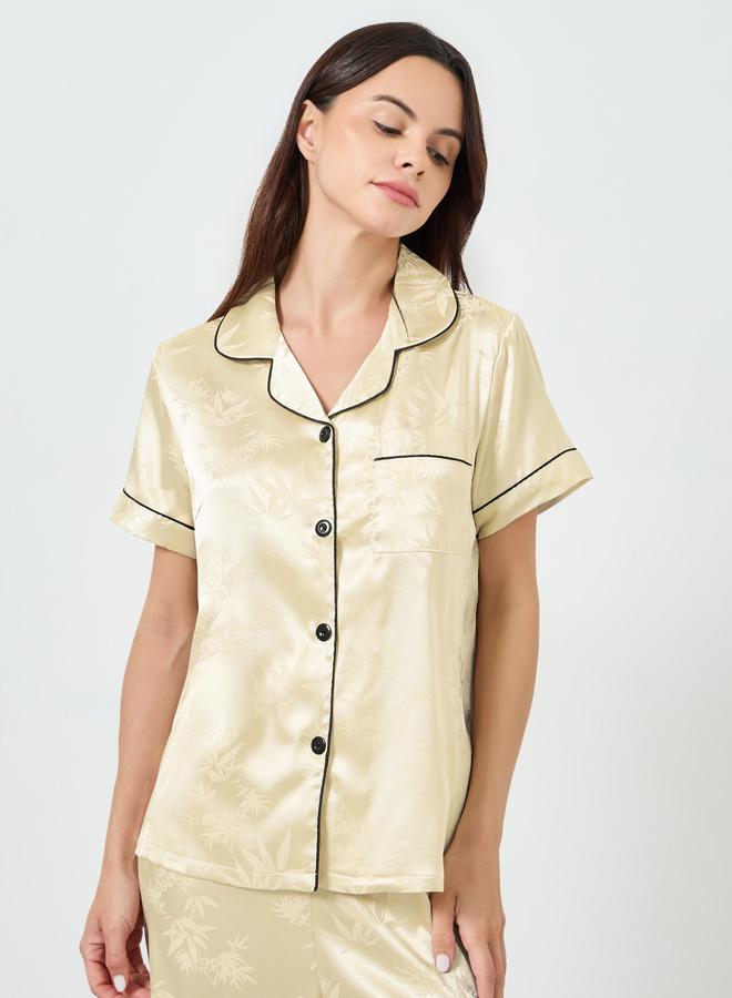 Take Two Beige Jacquard Short Sleeve Shirt and Pyjama Set - Image 3