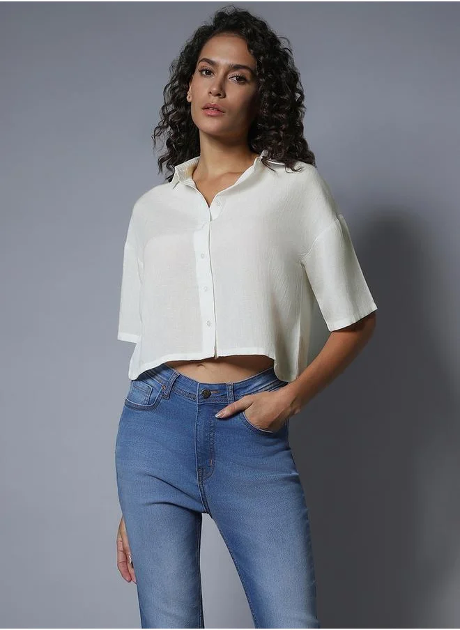 HIGH STAR Textured Short Sleeve Cropped Boxy Fit Shirt