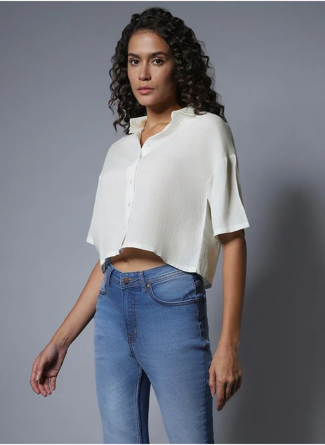 HIGH STAR Textured Short Sleeve Cropped Boxy Fit Shirt