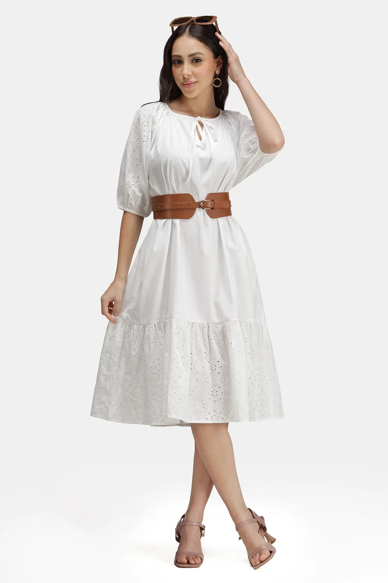 فيرجيو Solid Cotton Schiffli Lace Shirt Dress for Women