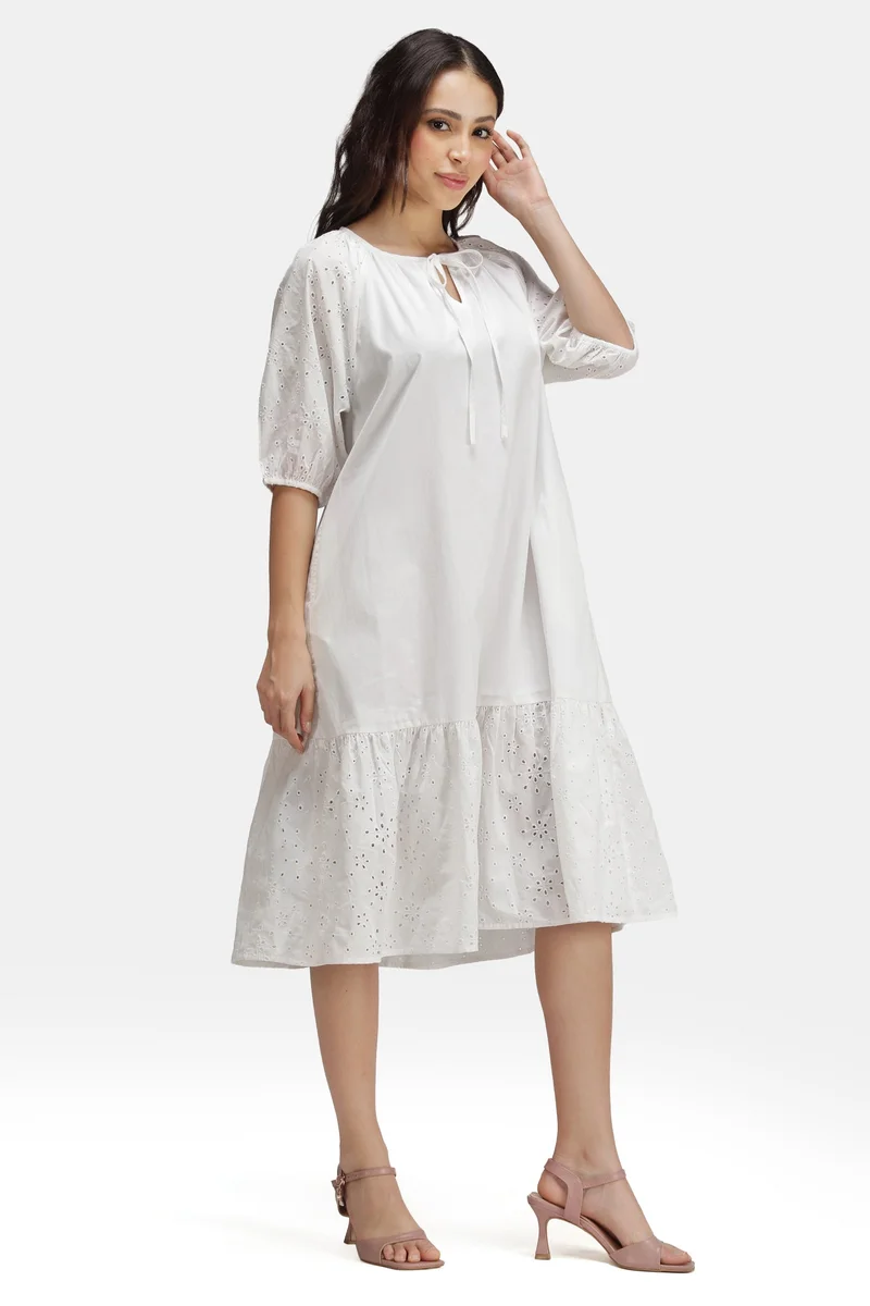 Virgio  Solid Cotton Schiffli Lace Shirt Dress for Women for Women | Best Price UAE