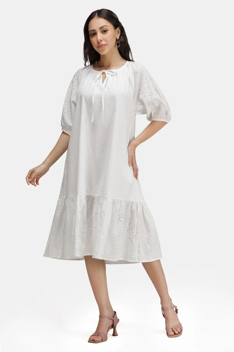 فيرجيو Solid Cotton Schiffli Lace Shirt Dress for Women