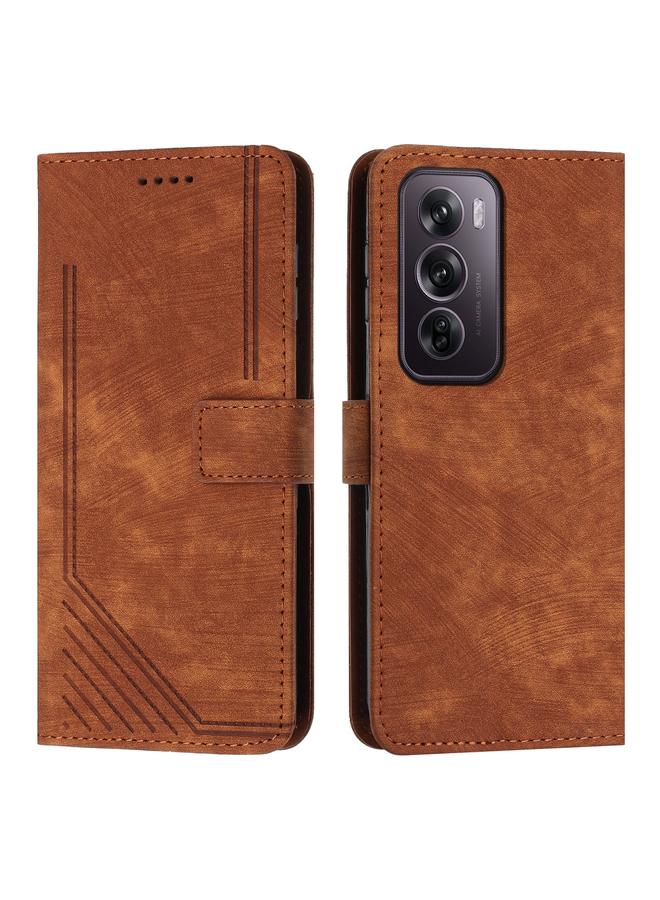 Green Tiger For OPPO Reno12 Pro Global Skin Feel Stripe Pattern Leather Phone Case with Long Lanyard(Brown)
