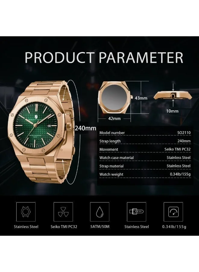 Sapphero  SAPPHERO Men's Watch Octagonal Stainless Steel Luminous Wristwatch Luxury Analog Quartz Watch for Men with Date Elegant Mens for Men | Best Price UAE