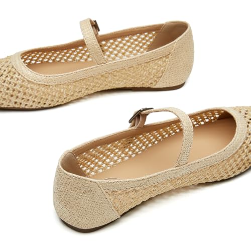 Trary Mary Jane Shoes Women Woven Flats for Women Ballet Flats Shoes Squared Toe Mary Jane Flats Ankle Strap Dressy Comfortable Beige Size 7 - Image 4