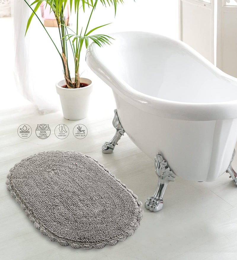 SASHAA WORLD Super Soft Reversible Bath Mat/Bathroom Rug from Crochet Collection | Oval-Shaped with Crochet Border | Ideal for Tub, Shower, Sink, or Vanity | 40 x 60 cm, Grey - Image 1
