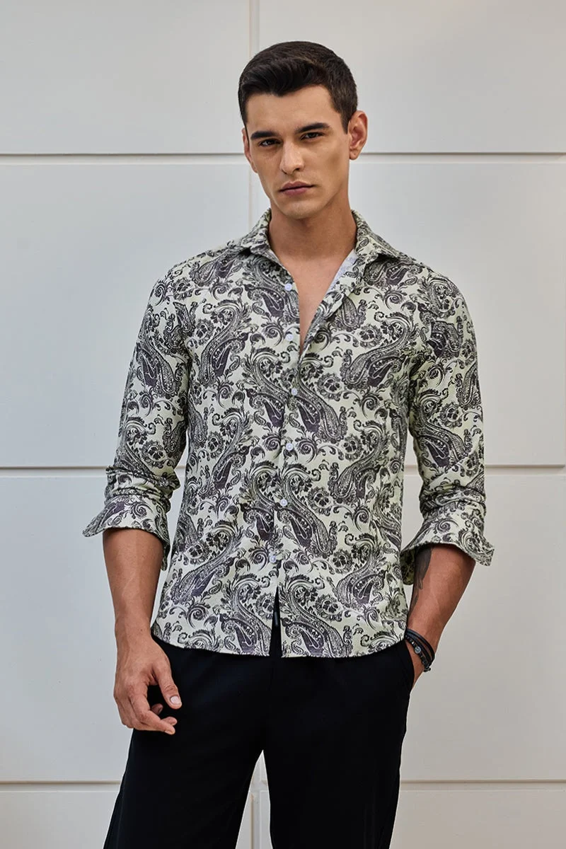 SNITCH Beige Abstract Long Sleeve Slim Fit Shirt