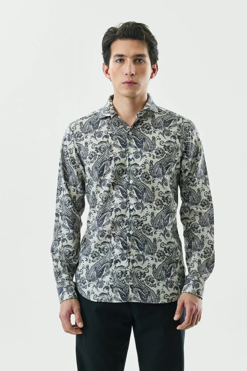 سنيتش Beige Abstract Long Sleeve Slim Fit Shirt