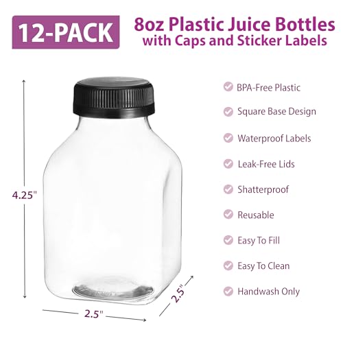 DilaBee Plastic Juice Bottles with Caps - 12 Pack 8oz Small Reusable Water Bottles with Lids for Juicing - Clear Mini Drink Containers for Fridge with Black Tamper Evident Seal - Image 2