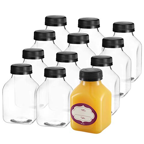 DilaBee Plastic Juice Bottles with Caps - 12 Pack 8oz Small Reusable Water Bottles with Lids for Juicing - Clear Mini Drink Containers for Fridge with Black Tamper Evident Seal - Image 1