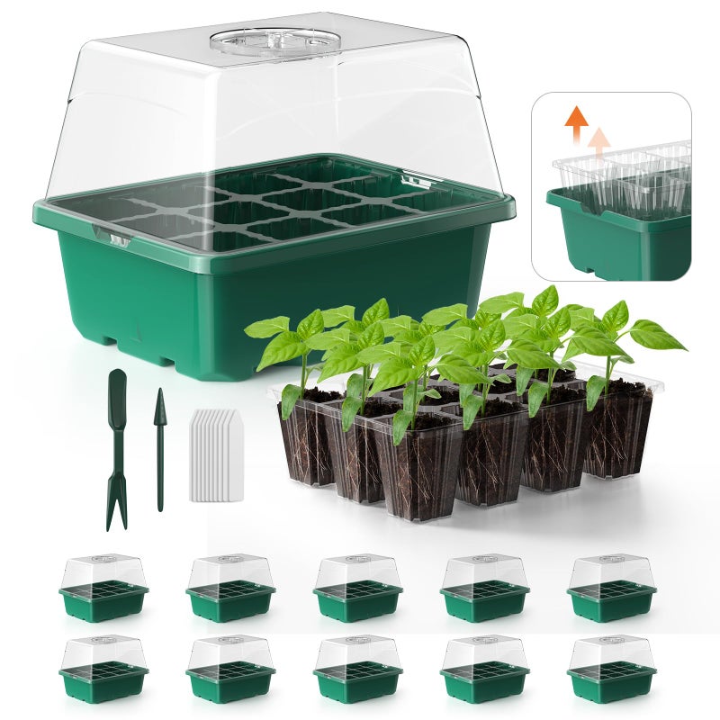 POROLIR Seed Starter Tray, 10PCS Seed Starter Kit, Seedling Starter Trays with Heightened Lids for Seed Staring, Indoor Gardening Plant Germination Trays (12 Cells per Tray) Green - Image 1
