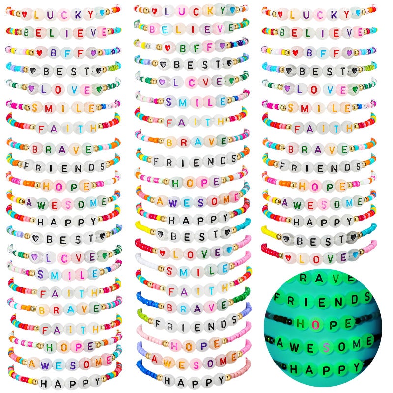 Ecation 96 Pcs Beaded Friendship Bracelets Bulk Colorful Glow in the Dark Inspired Letter Bracelets Y2k Stretchy Preppy Adjustable Jewelry for Music Lovers Fans Women Party Favor Gifts - Image 2