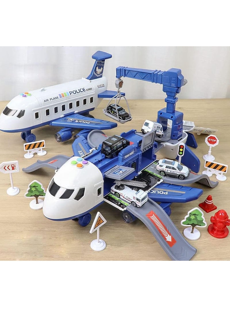 Airplane Toy, Large policeTheme Airplane, 4 Police car toys, Music and Light Educational Toy Airplane  Police cars Play Set for Boys Toddler Girls(Blue) - Image 2