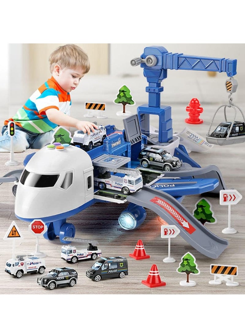 Airplane Toy, Large policeTheme Airplane, 4 Police car toys, Music and Light Educational Toy Airplane  Police cars Play Set for Boys Toddler Girls(Blue) - Image 3