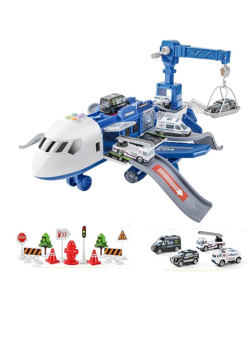Airplane Toy, Large policeTheme Airplane, 4 Police car toys, Music and Light Educational Toy Airplane  Police cars Play Set for Boys Toddler Girls(Blue) - Image 1