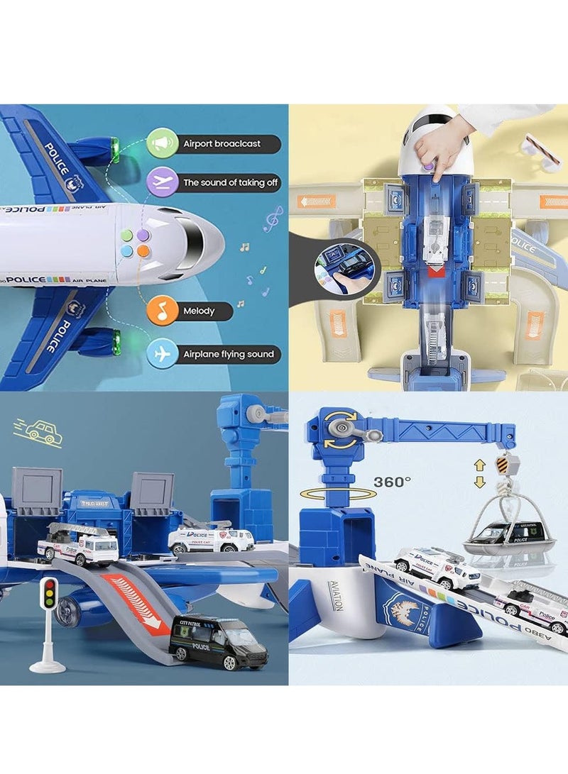 Airplane Toy, Large policeTheme Airplane, 4 Police car toys, Music and Light Educational Toy Airplane  Police cars Play Set for Boys Toddler Girls(Blue) - Image 4