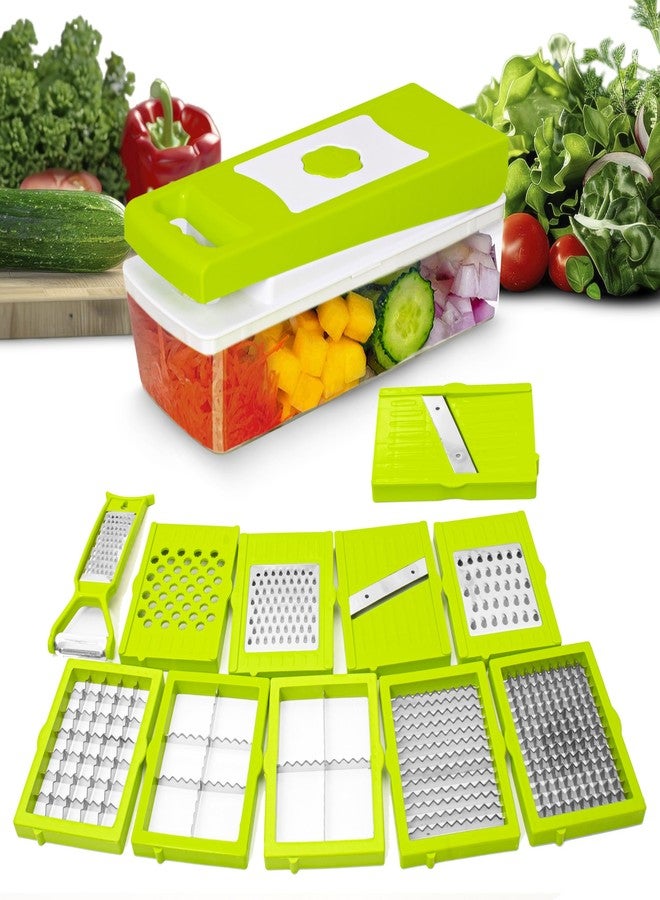 Rylan 12 in 1 Multipurpose Chopper, Fruits & Vegetable Cutters, Grater Peeler Chipser, Unbreakable Food Grade Body, Easy Push to Clean Button Slicer Dicer, Chopper for Kitchen (Green, Plastic) - Image 1