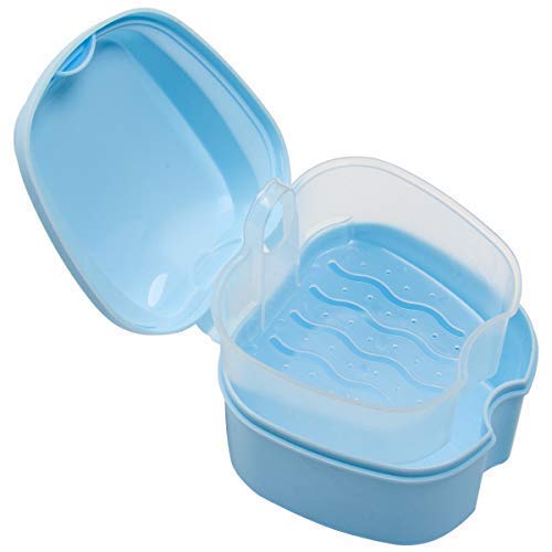 Coolrunner Denture Case Denture Cup with Strainer Denture Bath Box False Teeth Storage Box with Basket Net Container Holder for Travel Retainer Cleaning