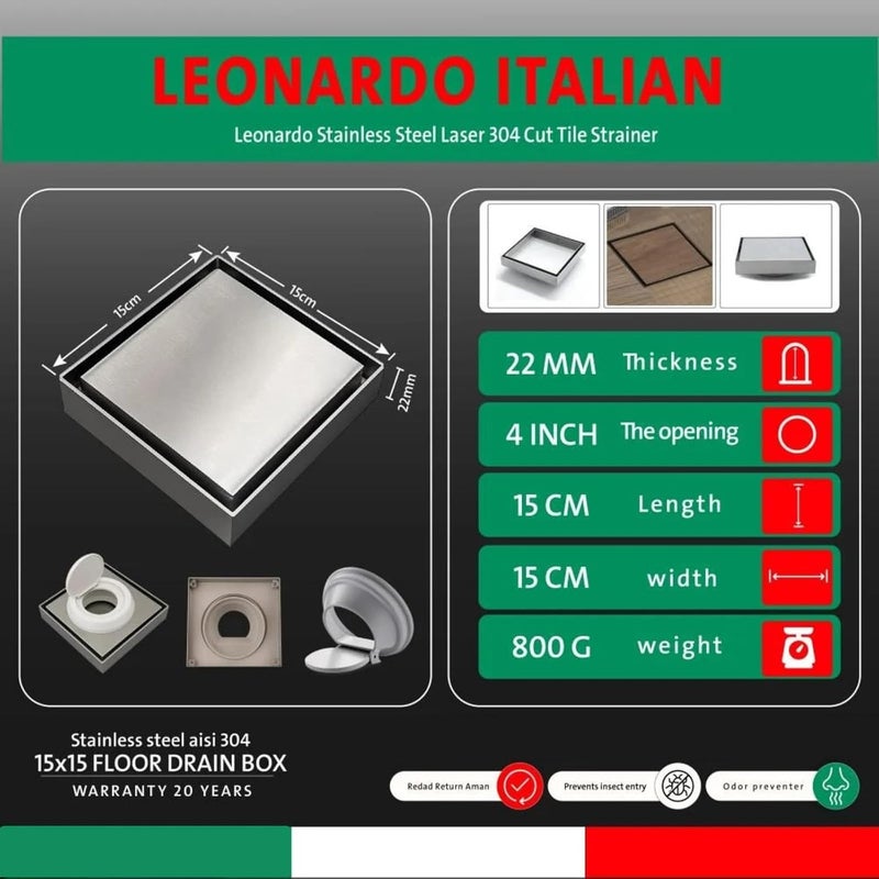 Leonardo Italian Double-Sided Tile Floor Drain, 15 cm Length x 15 cm Width, Silver - Image 4