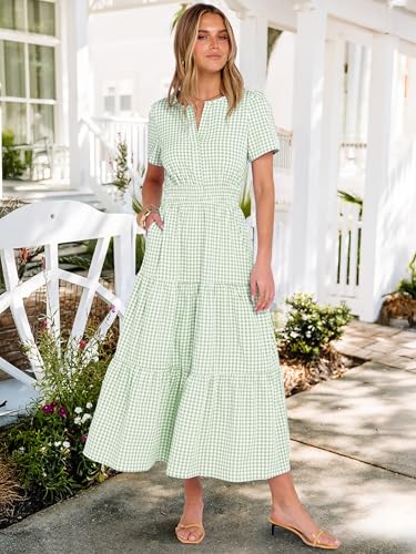 Caracilia Women's Summer Short Sleeve V-Neck Maxi Dress, Gingham & Striped Fabric, Casual A-Line Dress for Beach & Vacation Light Green Gingham X-Large - Image 3