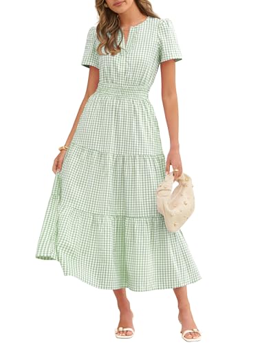 Caracilia Women's Summer Short Sleeve V-Neck Maxi Dress, Gingham & Striped Fabric, Casual A-Line Dress for Beach & Vacation Light Green Gingham X-Large - Image 1