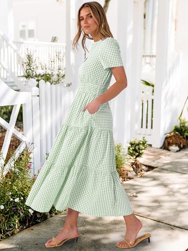 Caracilia Women's Summer Short Sleeve V-Neck Maxi Dress, Gingham & Striped Fabric, Casual A-Line Dress for Beach & Vacation Light Green Gingham X-Large - Image 4