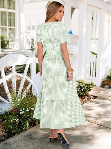 Caracilia Women's Summer Short Sleeve V-Neck Maxi Dress, Gingham & Striped Fabric, Casual A-Line Dress for Beach & Vacation Light Green Gingham X-Large - Image 5