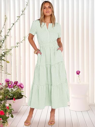 Caracilia Women's Summer Short Sleeve V-Neck Maxi Dress, Gingham & Striped Fabric, Casual A-Line Dress for Beach & Vacation Light Green Gingham X-Large - Image 2