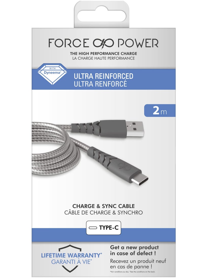 FORCE Force Power USB A to USB C Ultra Reinforced Cable 2M Lifetime Warranty Gray  - Image 1