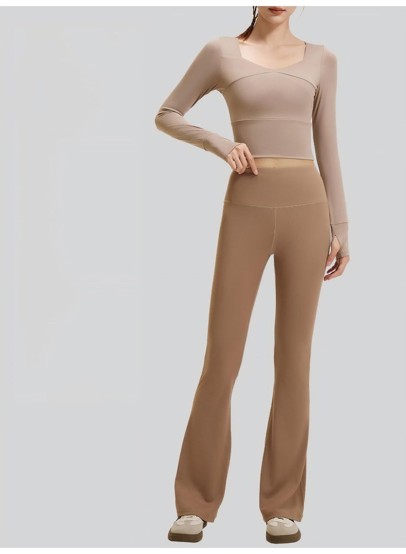 Women 2 Piece Workout Set - Built-in Bra Long Sleeve Crop Top with Thumb Holes & High Waisted Flare Leggings Tummy Control Slimming Tracksuit - Image 2