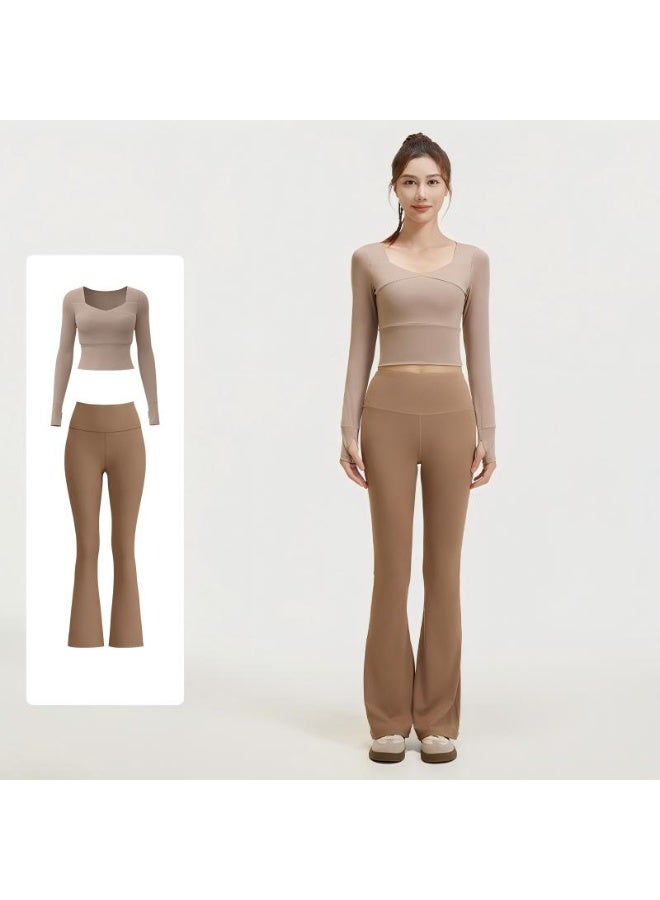 Women 2 Piece Workout Set - Built-in Bra Long Sleeve Crop Top with Thumb Holes & High Waisted Flare Leggings Tummy Control Slimming Tracksuit - Image 1