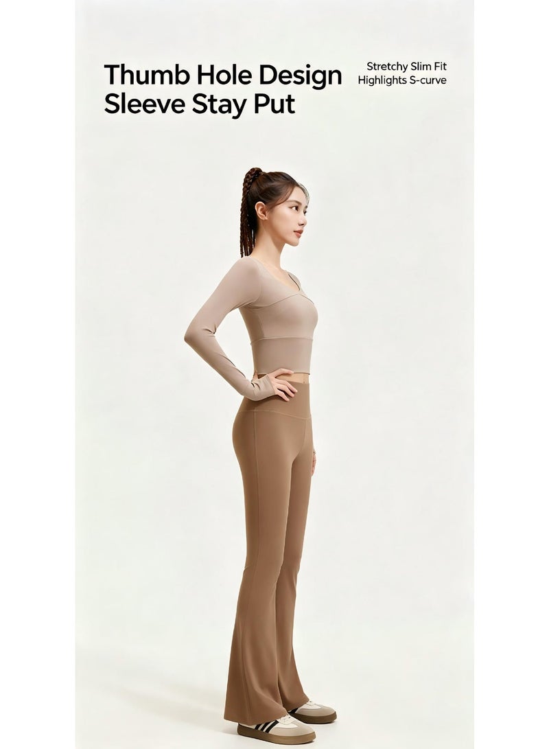 Women 2 Piece Workout Set - Built-in Bra Long Sleeve Crop Top with Thumb Holes & High Waisted Flare Leggings Tummy Control Slimming Tracksuit - Image 3