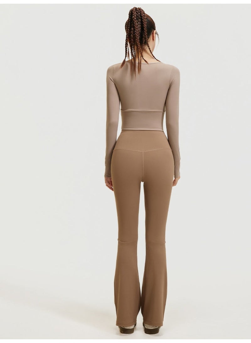 Women 2 Piece Workout Set - Built-in Bra Long Sleeve Crop Top with Thumb Holes & High Waisted Flare Leggings Tummy Control Slimming Tracksuit - Image 4
