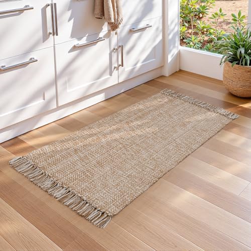 Collive Kitchen Runner Rug, 2' x 4.3' Hand-Woven Reversible Washable Rugs, Tan Cotton Modern Farmhouse Bathroom Mat Hallway Carpets for Foyer Bedroom Entry Back Door Decor - Image 2
