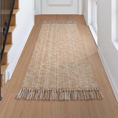 Collive Kitchen Runner Rug, 2' x 4.3' Hand-Woven Reversible Washable Rugs, Tan Cotton Modern Farmhouse Bathroom Mat Hallway Carpets for Foyer Bedroom Entry Back Door Decor - Image 1