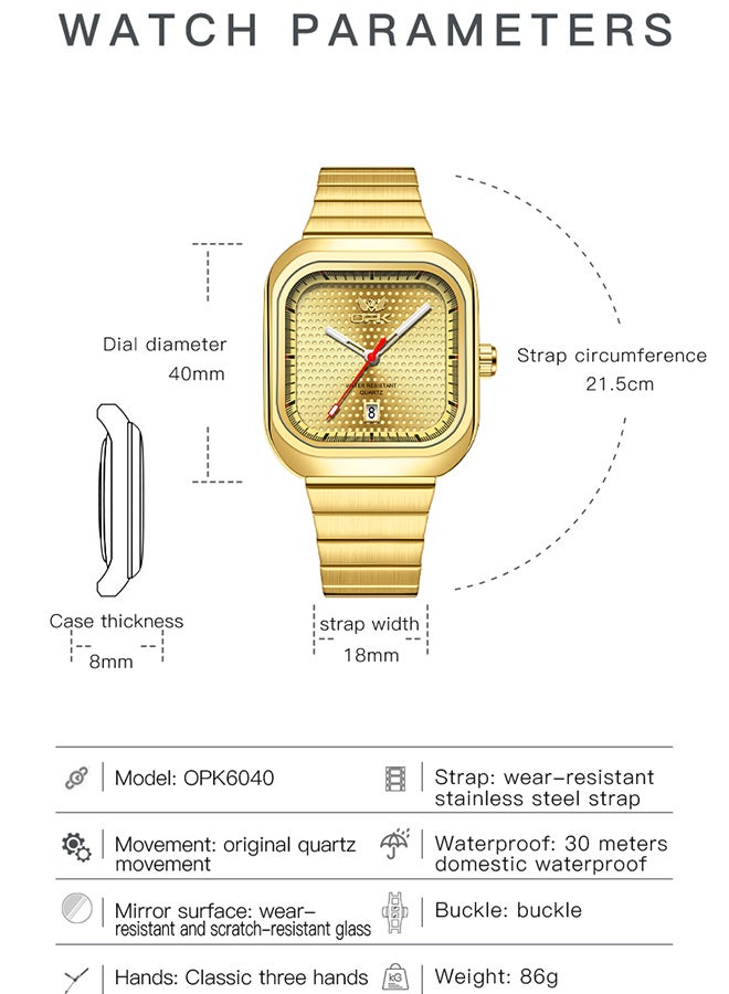 Opk Stylish Square Steel Strap Men'S Watch, Luminous And Waterproof, Single Calendar Quartz Watch, 6041 Steel Strap, All-Gold. - Image 3