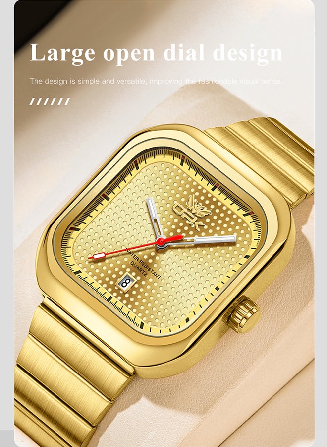 Opk Stylish Square Steel Strap Men'S Watch, Luminous And Waterproof, Single Calendar Quartz Watch, 6041 Steel Strap, All-Gold. - Image 2