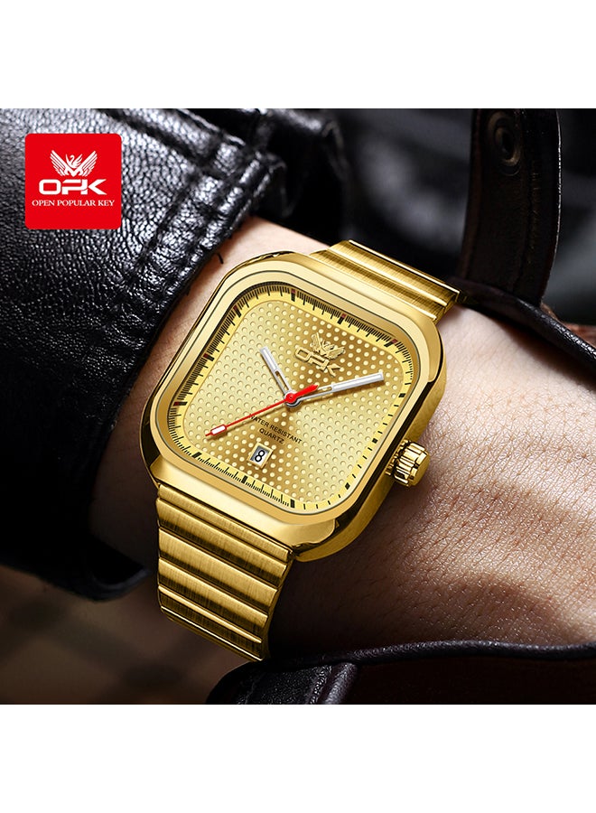 Opk Stylish Square Steel Strap Men'S Watch, Luminous And Waterproof, Single Calendar Quartz Watch, 6041 Steel Strap, All-Gold. - Image 1