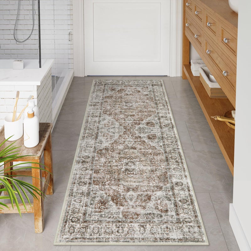Uphome Bathroom Runner Rug Distressed Tribal Farmhouse Khaki Bathroom Mat Large Bathroom Rugs Non Slip Washable Oriental Retro Boho Bath Mat Runner for Bathtub Sink Hallway 24x59 inch