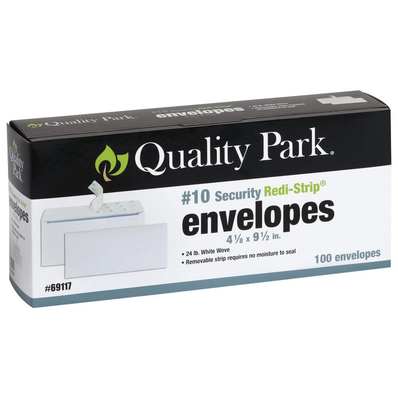 Quality Park #10 Security Envelopes, No Window, Redi-Strip Self Seal Envelopes, 24-lb White Wove, 4-1/8" x 9-1/2", 100 per Box (QUA69117) - Image 1