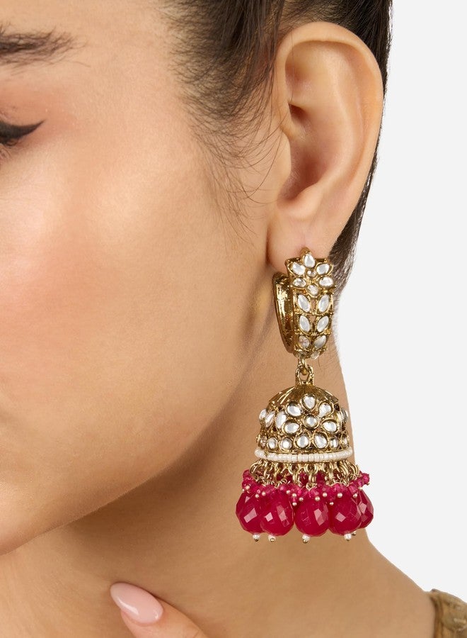 Zaveri Pearls Rani Pink Beads Drop Antique Plated Kundan Traditional Jhumki Earring For Women-ZPFK17273 - Image 4