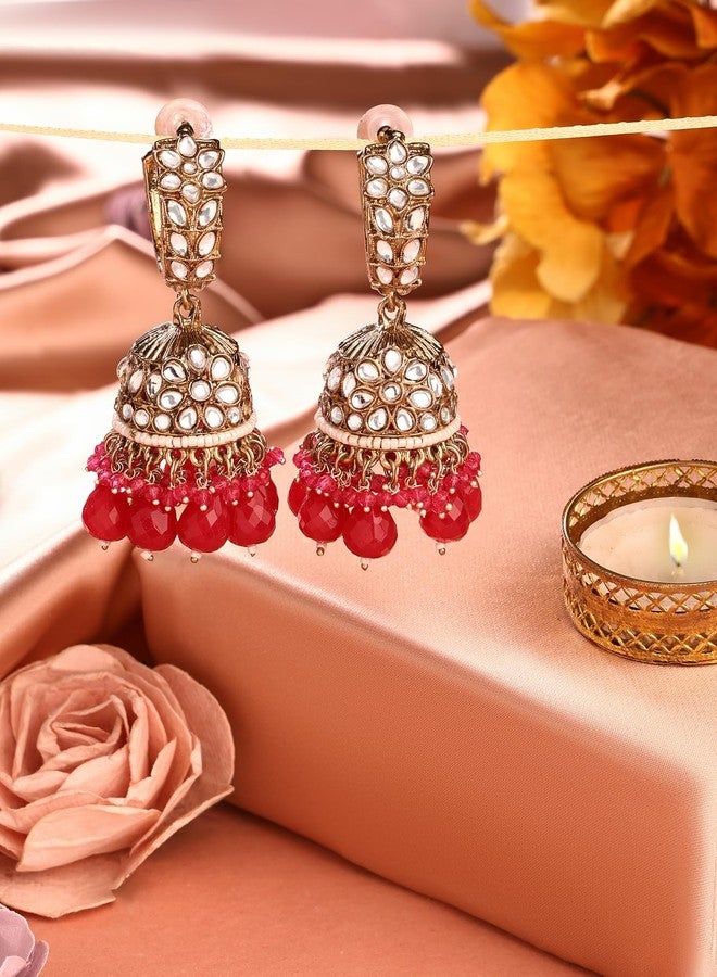 Zaveri Pearls Rani Pink Beads Drop Antique Plated Kundan Traditional Jhumki Earring For Women-ZPFK17273 - Image 3