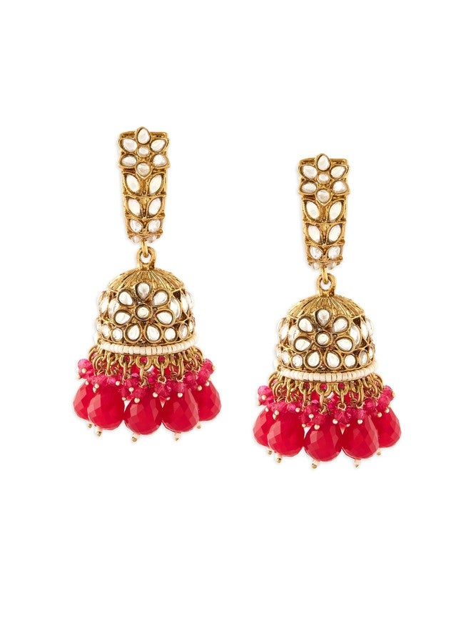 Zaveri Pearls Rani Pink Beads Drop Antique Plated Kundan Traditional Jhumki Earring For Women-ZPFK17273 - Image 1
