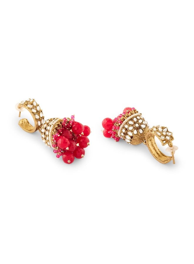 Zaveri Pearls Rani Pink Beads Drop Antique Plated Kundan Traditional Jhumki Earring For Women-ZPFK17273 - Image 5