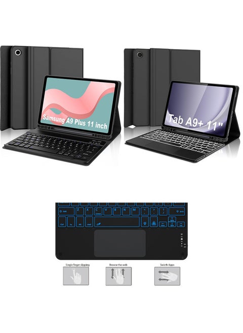 لجهاز Samsung Tablet A9 Plus Touch Backlit Bluetooth Keyboard X210 حافظة واقية 216 فتحة قلم حافظة جلدية سيليكون - اللون: حافظة واقية خضراء ليلية داكنة + غطاء مربع أسود لوحة مفاتيح بلوتوث - نوع المنتج: Samsung Tab A9 Plus 11 بوصة Sm-x210/x216/x218