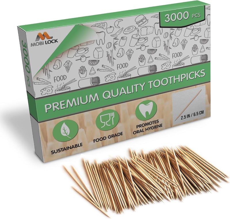 Mobi Lock 3000 Pieces Premium Bamboo Wooden Toothpicks - 6 Boxes of 500 Pieces - For Personal Hygiene, Disposable Appetizer Skewers, Cocktail Sticks or Arts & Crafts - by - Image 1