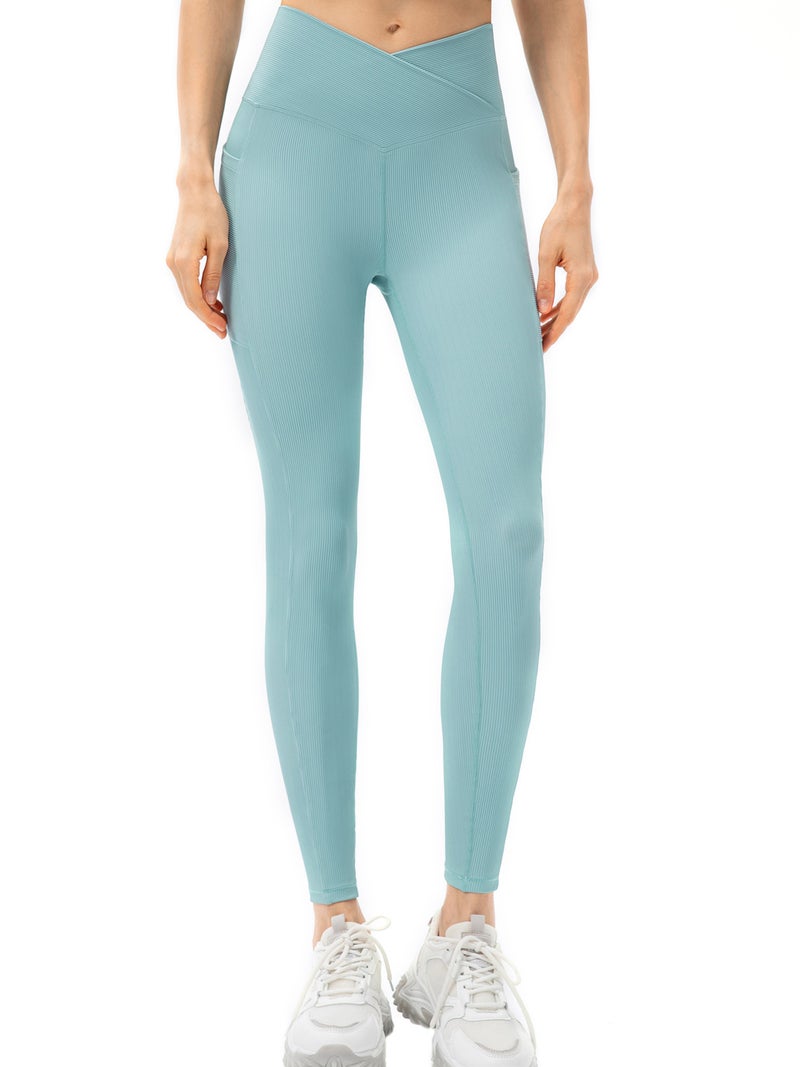 Yoga Leggings Medium Light Blue Stretchy Nylon-spandex Blend - Ribbed Finish Sports Tights Tummy Control Wide Waistband for Yoga Running Gym Outdoor Sports - Image 1