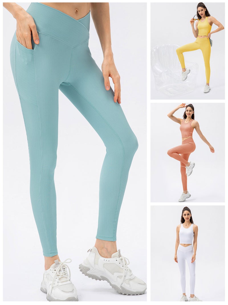 Yoga Leggings Medium Light Blue Stretchy Nylon-spandex Blend - Ribbed Finish Sports Tights Tummy Control Wide Waistband for Yoga Running Gym Outdoor Sports - Image 5