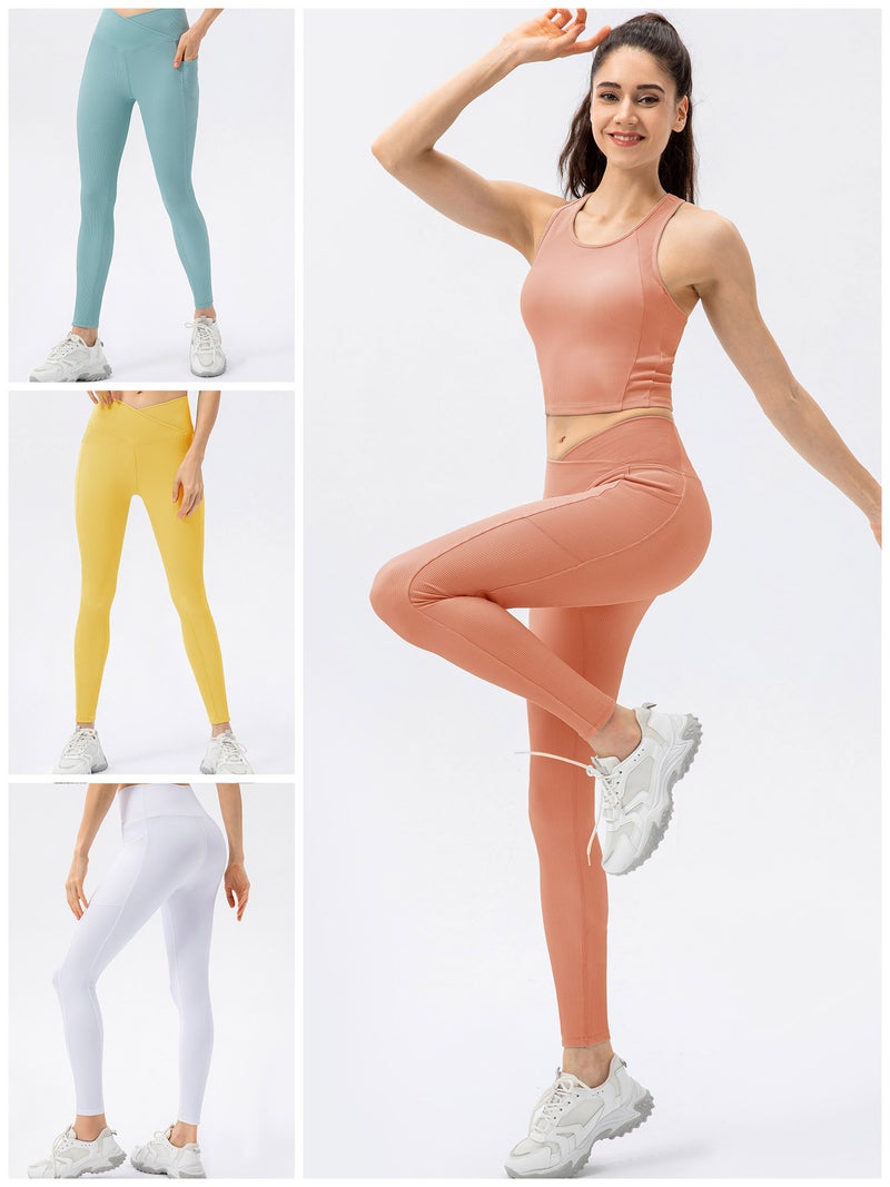 Yoga Leggings Medium Light Blue Stretchy Nylon-spandex Blend - Ribbed Finish Sports Tights Tummy Control Wide Waistband for Yoga Running Gym Outdoor Sports - Image 4